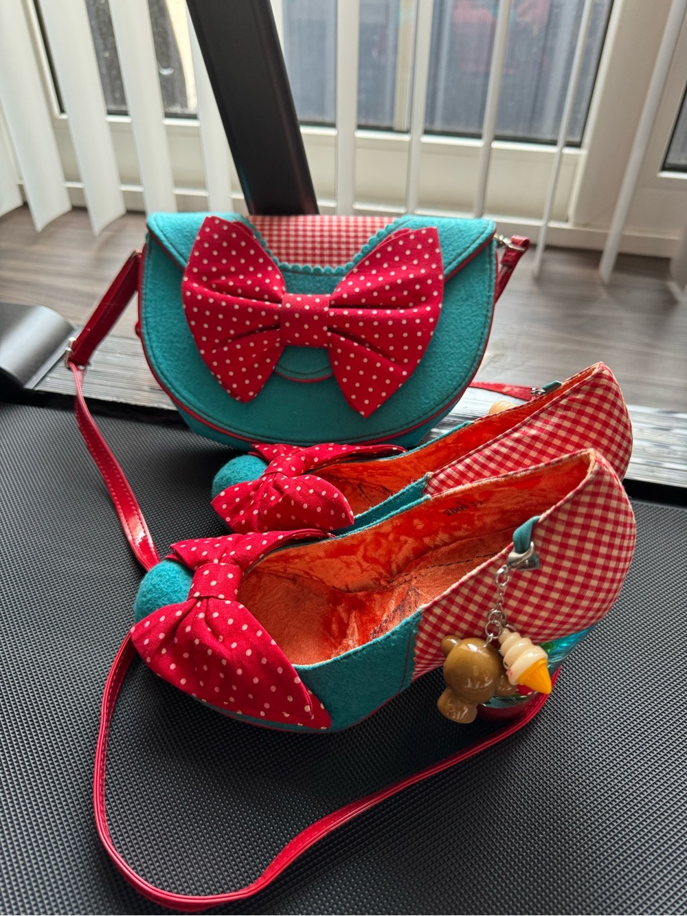 Irregular Choice Teal and Red Polka Dot Bow Bag with Matching Teal & Red Heels
